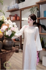 Áo dài gấm sò điệp phom xuông 2 tà gắn 3 nơ cao cấp