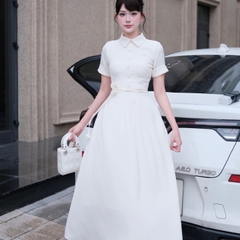 Đầm thiết kế cổ sơ mi dài xoè tay ngắn thanh lịch màu xanh than/trắng