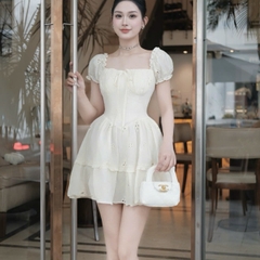 Đầm vải tay nhúng cổ vuông xoè nhẹ 2 tầng dáng ngắn ôm ngực 2 màu xanh biển / kem