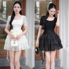 Đầm ngắn 2 tầng xoè cổ vuông thiết cao cấp sang chảnh đơn giản co dãn có tay phối tầng voan
