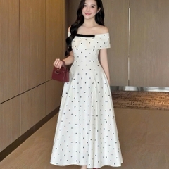 Đầm thiết kế trễ vai chấm bi nơ ngực