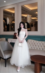 Đầm thiết kế 2 dây ren phối voan bồng kèm dây cổ