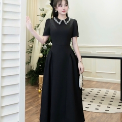 Đầm dạ cổ ngọc đính đá dáng dài cao cấp