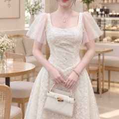 Đầm thiết kế cổ vuông tay phồng dáng dài