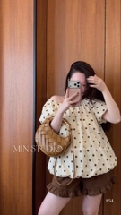 Set chấm bi nâu áo bí phồng quần ngắn