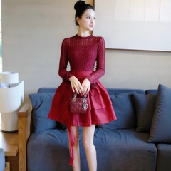 Đầm thiết kế cao cấp cổ tròn tay dài dáng ngắn đa tầng