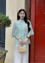 Bộ lam thêu phụng tơ đính ngọc