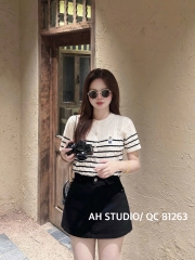 Áo kiểu len tay ngắn gấu sọc