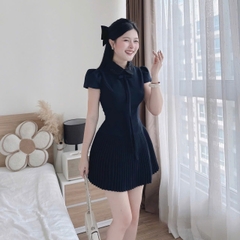 Đầm cổ sơ mi dáng ngắn xếp ly hot trend ép mùng đính kết