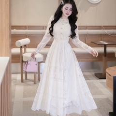Đầm thiết kế tơ tay dài dáng xoè cao cấp tặng cài nơ