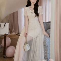 Đầm thiết kế cổ V đính đá cổ nơ ngực