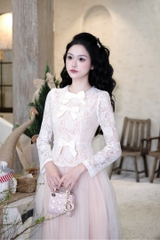 Đầm cổ tròn đính 3 nơ đi tiệc sang chảnh cao cấp