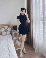 Đầm cổ sơ mi dáng ngắn xếp ly hot trend ép mùng đính kết
