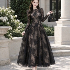 Đầm thiết kế cổ tròn ren tay dài dáng dài