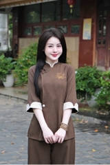 Bộ lam cổ đứng viền thêu sen