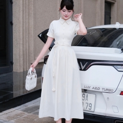 Đầm thiết kế cổ sơ mi dài xoè tay ngắn thanh lịch màu xanh than/trắng