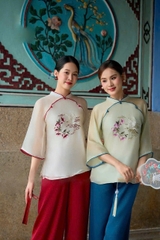 Bộ lam thêu cò và hoa