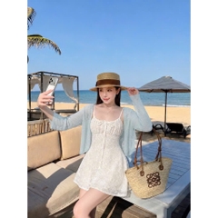 Đầm 2 dây ren cột nơ ngực kèm khoác ngoài