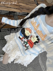Set áo thun tay dài sọc ngang in hoạ tiết  croptop + cv tầng phối ren