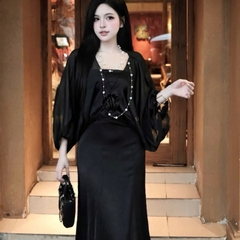 Đầm thiết kế lụa áo choàng nơ hoa