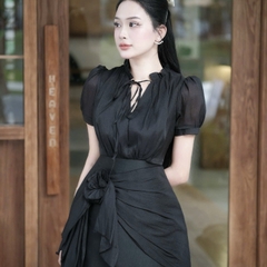 Đầm thiết kế voan cổ cao tay ngắn phối dây voan hoa size dưới 65kg 3 màu xám xanh/ đen/ kem