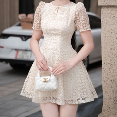 Đầm ngắn thiết kế dáng ngắn vải ren tay ngắn dễ thương đi cà phê đi tiệc đơn giản