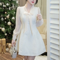 Đầm dạ tay voan voan dáng chữ A cổ dây nơ