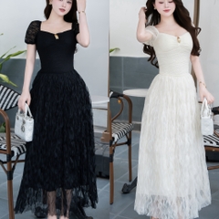 Đầm thiết kế cổ vuông tay ren dáng dài xòe