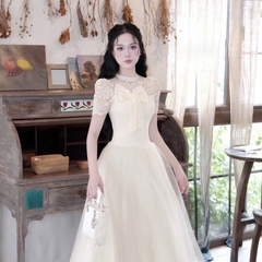 Đầm cổ tròn ren đính nơ to dáng xoè sang chảnh