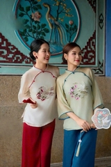 Bộ lam thêu cò và hoa