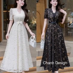 Đầm thiết kế ren cổ V nơ eo