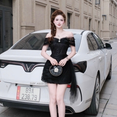 Đầm thiết kế trễ vai ren đính đá dáng ngắn