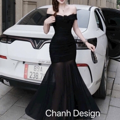 Đầm thiết kế trễ vai hoa ngực dáng xoè
