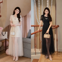 Đầm thiết kế cổ V đính đá cổ nơ ngực