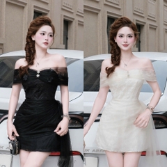 Đầm thiết kế trễ vai ren đính đá dáng ngắn