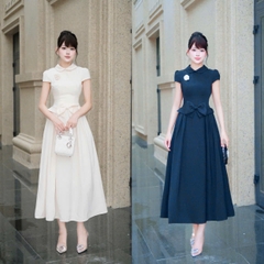 Đầm cổ sen thiết kế kín đáo đi tiệc sang chảng dáng dài cao cấp