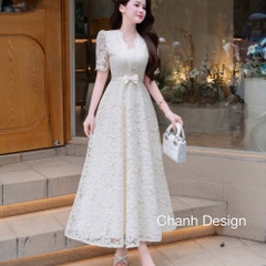 Đầm thiết kế ren cổ V nơ eo