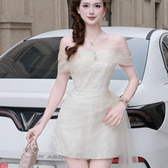 Đầm thiết kế trễ vai ren đính đá dáng ngắn