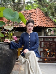Bộ lam cổ V cúc bọc