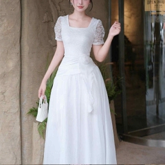 Đầm thiết kế cổ vuông tay ngắn dáng dài xòe đen trắng sang trọng đi tiệc