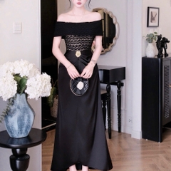 Đầm thiết kế trễ vai dáng dài nhấn eo đính đá