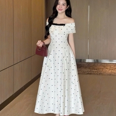 Đầm thiết kế trễ vai chấm bi nơ ngực