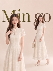 Đầm thiết kế cổ tàu ren nơ cổ dáng dài