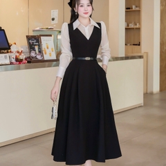 Đầm thiết kế cổ  sơ mi tuyết mưa dáng dàu tay dài