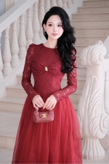 Đầm cổ tròn nơ ngực vòng vàng ren phối voan