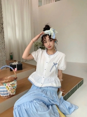 Áo kiểu somi kẻ viền tay ngắn phồng thắt nơ