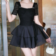 Đầm cổ vuông viền ngọc ren ngắn tay ngắn phối ren 2 tầng voan đi tiệc