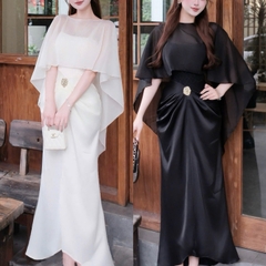 Đầm thiết kế 2 dây phối lụa kèm khăn choàng