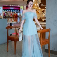 Đầm thiết kế ren voan dài phụ kiện nơ đính đá