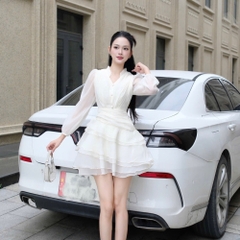 Đầm thiết kế cổ V tầng xoè voan tơ cao cấp